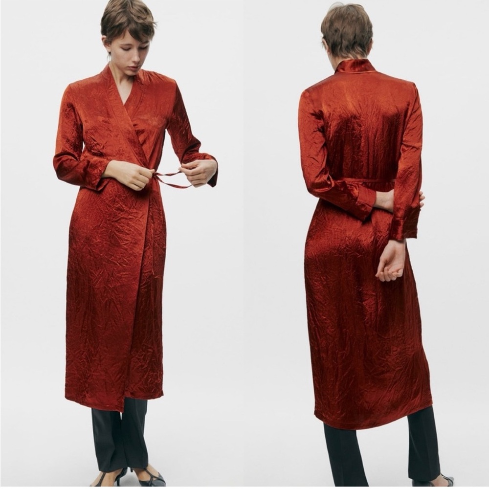 NWOT Zara ZW Collection orange red wrinkle wrap midi dress XS